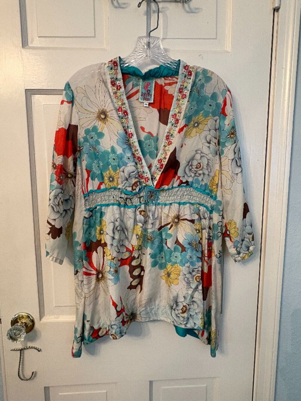 Johnny Was ivory silk floral top